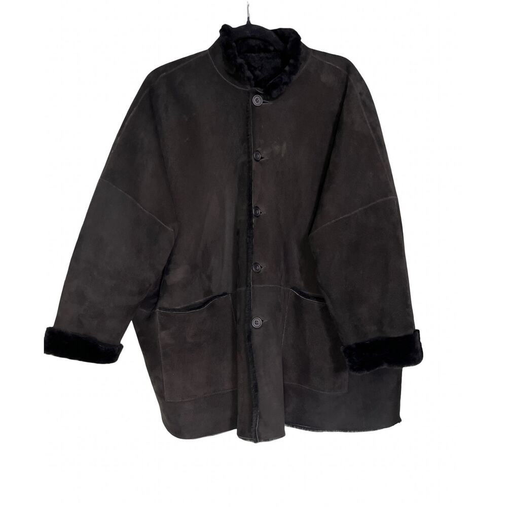 Eskandar Black Suede Shearling Lined Coat Size 0 Oversized Rare Luxury Statement